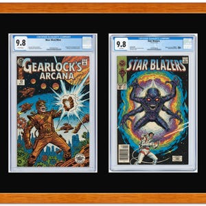 May include: Two CGC graded comic books, Gearlock's Arcana issue 13 and Star Blazers issue 47, both rated 9.8 Near Mint/Mint. The comics are encased in clear protective plastic slabs and displayed side-by-side within a single wooden frame.