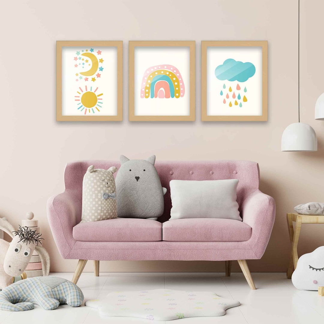 8x10 Framed Nursery Wall Art Set of 3 Hand Drawn Boho Rainbow Prints in ...