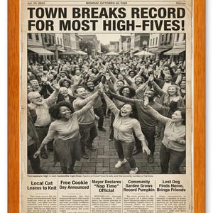 May include: A framed newspaper print titled The Positive Press with the headline Town Breaks Record for Most High-Fives. The black and white image shows a large crowd of people with their arms raised in celebration. Below are five smaller news columns.