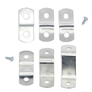 May include: Set of seven silver metal shelf brackets with two screw holes each. The brackets are designed to support shelves. Two of the brackets are curved and five are straight. Two screws are included.