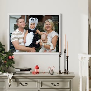 May include: A rectangular white picture frame containing a photograph of a family of four. The photo shows a man, a woman, a toddler wearing a black and white panda costume, and an infant. The frame is displayed on a gray wooden console table.
