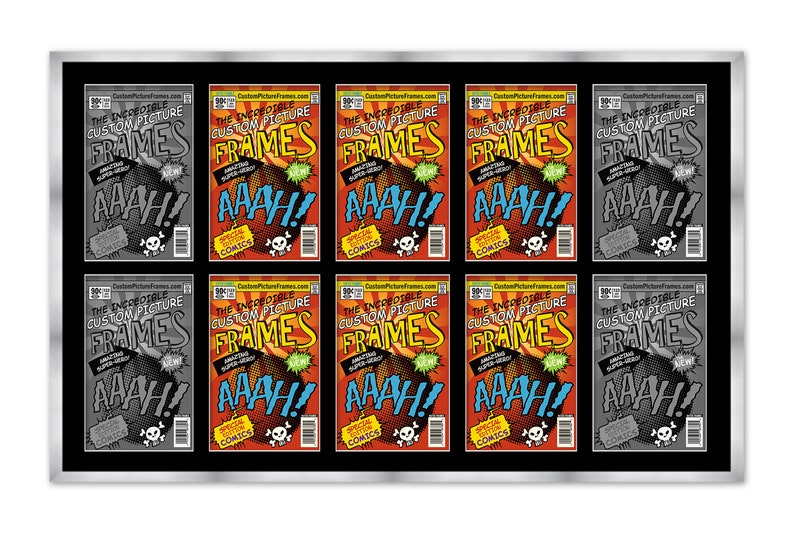 May include: A black framed display with ten comic book covers featuring the text "The Incredible Custom Picture Frames" and "AAAH!" in a red, yellow, and blue color scheme.
