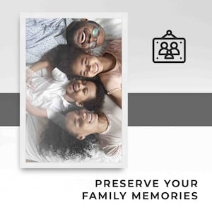 May include: A white rectangular picture frame containing a photograph of four people lying on a white surface with their heads together. The frame is displayed next to a black line icon of a framed family portrait and the text PRESERVE YOUR FAMILY MEMORIES.