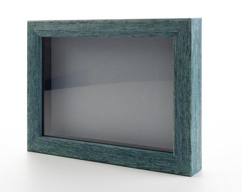 Shadow Box Frame Weathered Blue Wood Frame With Gray Backing, Various Sizes - Acrylic Glass and Hanging Hardware Included