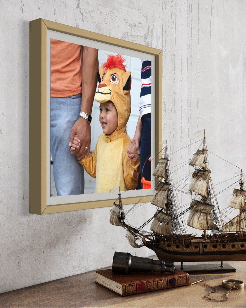 May include: A framed photograph of a child dressed as a lion, holding hands with two adults. The child is smiling and looking at the camera. The photo is in a light brown frame.