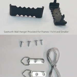 May include: Two black sawtooth wall hangers for frames 11x14 and smaller, plus a wall hanging kit for frames 12x15 and larger, including two silver D-ring hangers, four silver screws, and a coiled silver wire for secure wall mounting.