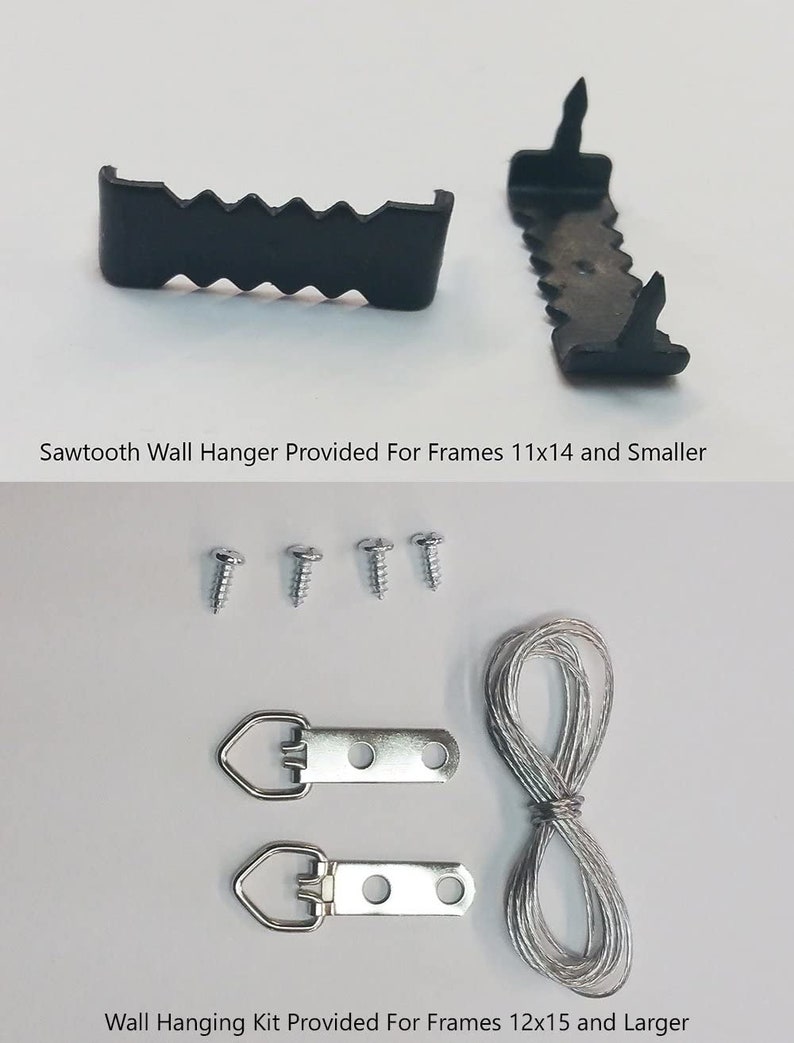 May include: Two black sawtooth wall hangers for frames 11x14 and smaller, plus a wall hanging kit for frames 12x15 and larger, including two silver D-ring hangers, four silver screws, and a coiled silver wire for secure wall mounting.