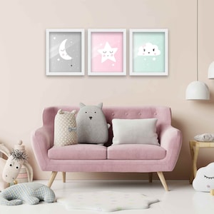 8x10 Framed Nursery Wall Art Set of 3 Sleepy Star Moon & Cloud Prints in White Wood Frames | Moon Art | Star Art | Boho Art