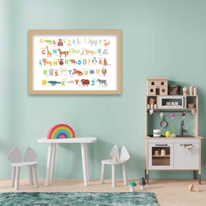 May include: A framed alphabet poster with colorful letters and animal illustrations. The poster is hanging on a light blue wall in a playroom setting. There is a rainbow-colored wooden toy, a white table and chairs, and a wooden play kitchen in the background.