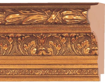 Picture Frame Moulding (Wood) 16ft bundle - Ornate Antique Gold Finish - 4&quot; width - 3/8&quot; rabbet depth