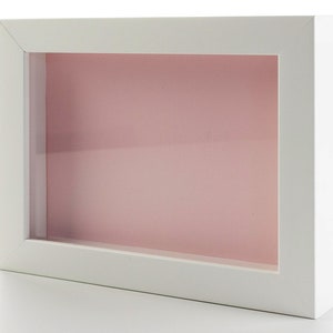 White Shadow Box Display Frame With Pink Backing, Complimentary Acrylic Glass, Backing Foam Board & Hanging Hardware Included