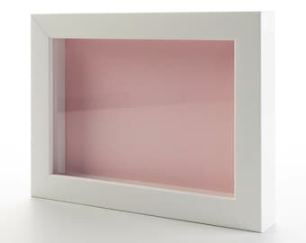 White Shadow Box Display Frame With Pink Backing, Complimentary Acrylic Front, Backing Foam Board & Hanging Hardware Included