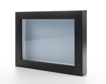 Charcoal Shadowbox Gallery Wood Frame With Blue Backing, Various Sizes - Acrylic Front and Hanging Hardware