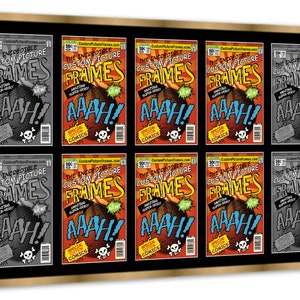 May include: A gold-framed picture with nine comic book covers featuring the text "The Incredible Custom Picture Frames" and the word "AAAH!" in a red, yellow, and black color scheme.