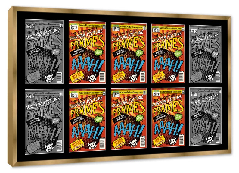 May include: A gold-framed picture with nine comic book covers featuring the text "The Incredible Custom Picture Frames" and the word "AAAH!" in a red, yellow, and black color scheme.