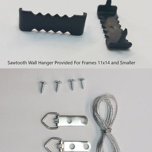 May include: Two black sawtooth hangers for hanging frames up to 11x14 inches.  A separate kit includes two silver D-ring hangers, a length of silver wire, and four silver screws for hanging larger frames 12x15 inches and larger.