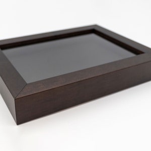 May include: A dark brown wooden shadow box with a clear glass front.