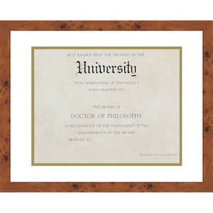 May include: A framed diploma with a brown wooden frame and a white mat. The diploma is cream-colored with black text that reads "University" and "Doctor of Philosophy". The frame has a wood grain pattern.