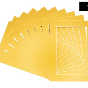 May include: A pack of 10 yellow mat boards with white cutouts for framing photos or artwork.  10 Pack.