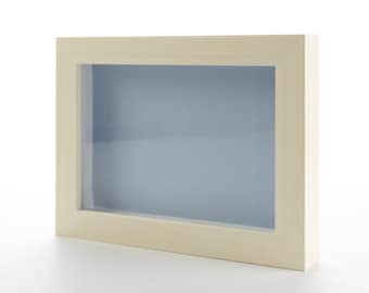 White Wash Shadowbox Gallery Wood Frame With Blue Backing, Various Sizes - Acrylic Front and Hanging Hardware