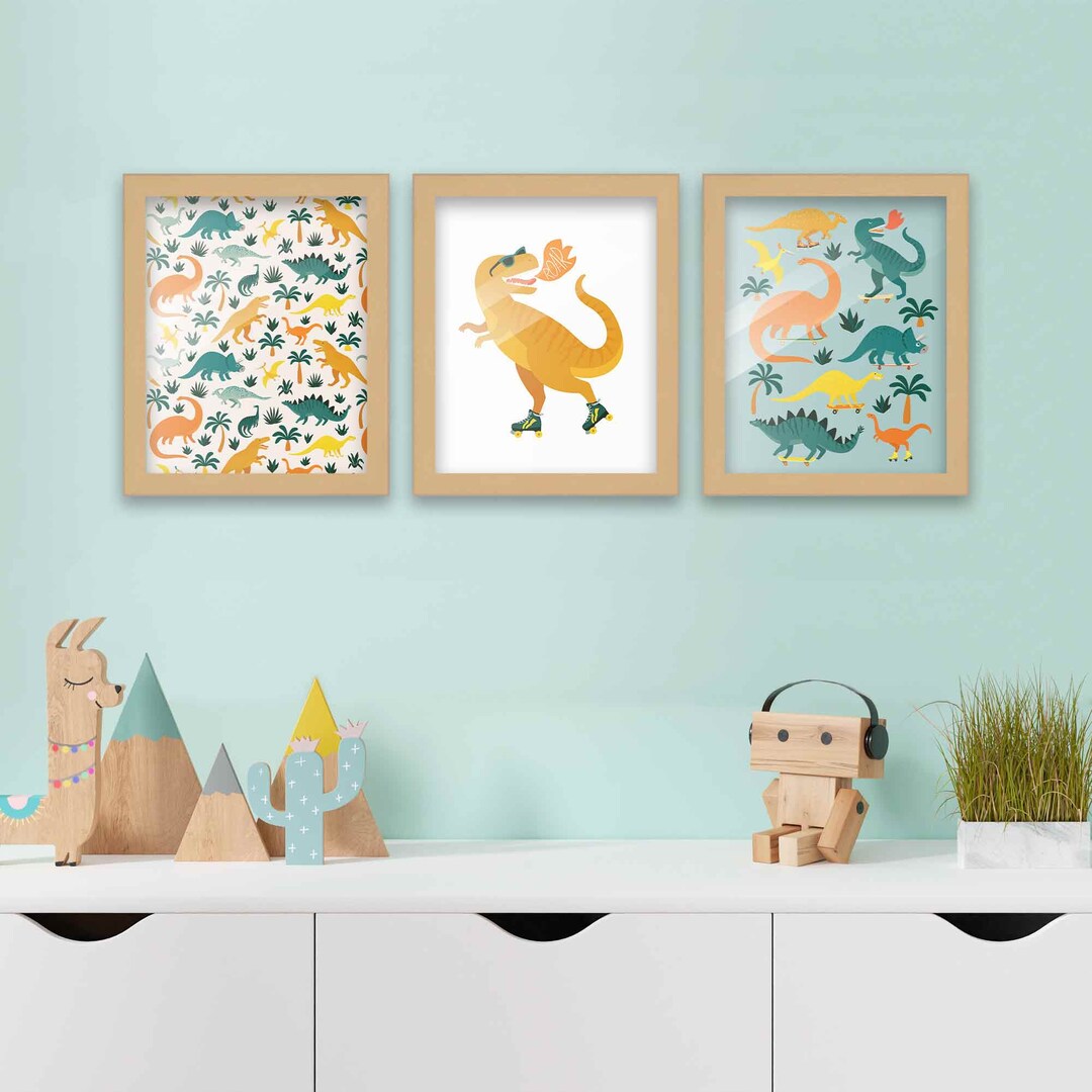 8x10 Framed Nursery Wall Art Set of 3 Dinosaur Prints in Natural Wood ...
