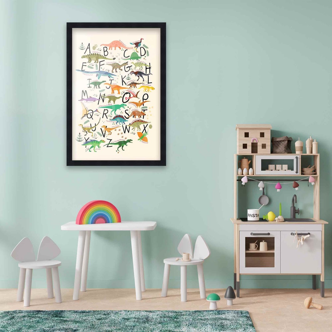 12x18 Framed Nursery Wall Art Dinosaur ABC Poster in Black Wood Frame ...