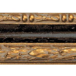 May include: A decorative picture frame with a black and gold finish. The frame has a detailed design with a raised edge and a leaf pattern.