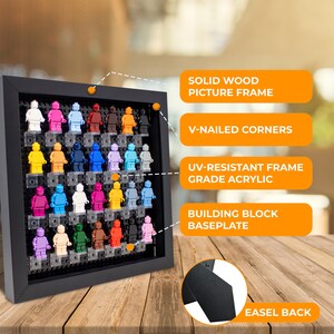 Peut inclure: Cadre photo en bois noir avec un devant en acrylique transparent affichant une collection de figurines Lego color&eacute;es. Le cadre est dot&eacute; d'un chevalet int&eacute;gr&eacute; &agrave; l'arri&egrave;re et de coins clout&eacute;s en V.