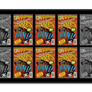 May include: A black frame with nine comic book covers inside. Each cover features a red, yellow, and black design with the text "The Incredible Custom Picture Frames" and "AAAH!" in a bold, white font. The covers are in various shades of gray and color.