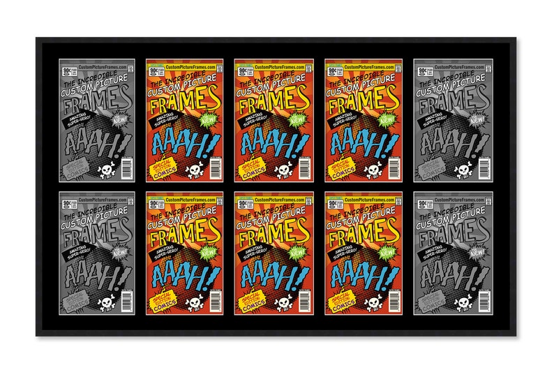 May include: A black frame with nine comic book covers inside. Each cover features a red, yellow, and black design with the text "The Incredible Custom Picture Frames" and "AAAH!" in a bold, white font. The covers are in various shades of gray and color.