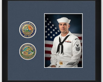 2 Challenge Coin Display Frame with 5x7 Photo - Military Coin Holder Shadow Box - Black, Gold, Bamboo or Bronze Wood