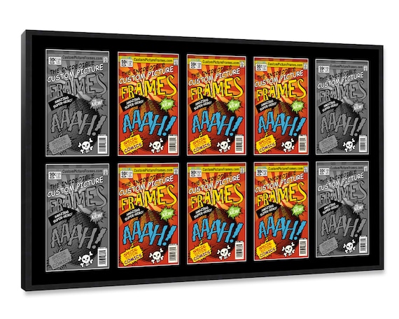 Comic Book Frame Black Mat - 10 openings to Display 10 Comic Books in vertical frame| Bronze Age | Golden Age | Silver Age | Current Era