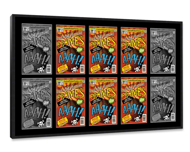 May include: A black framed collage of nine comic book covers featuring the text "The Incredible Custom Picture Frames" with a red, yellow, blue, and black color scheme. The text "AAAH!" appears on each cover.