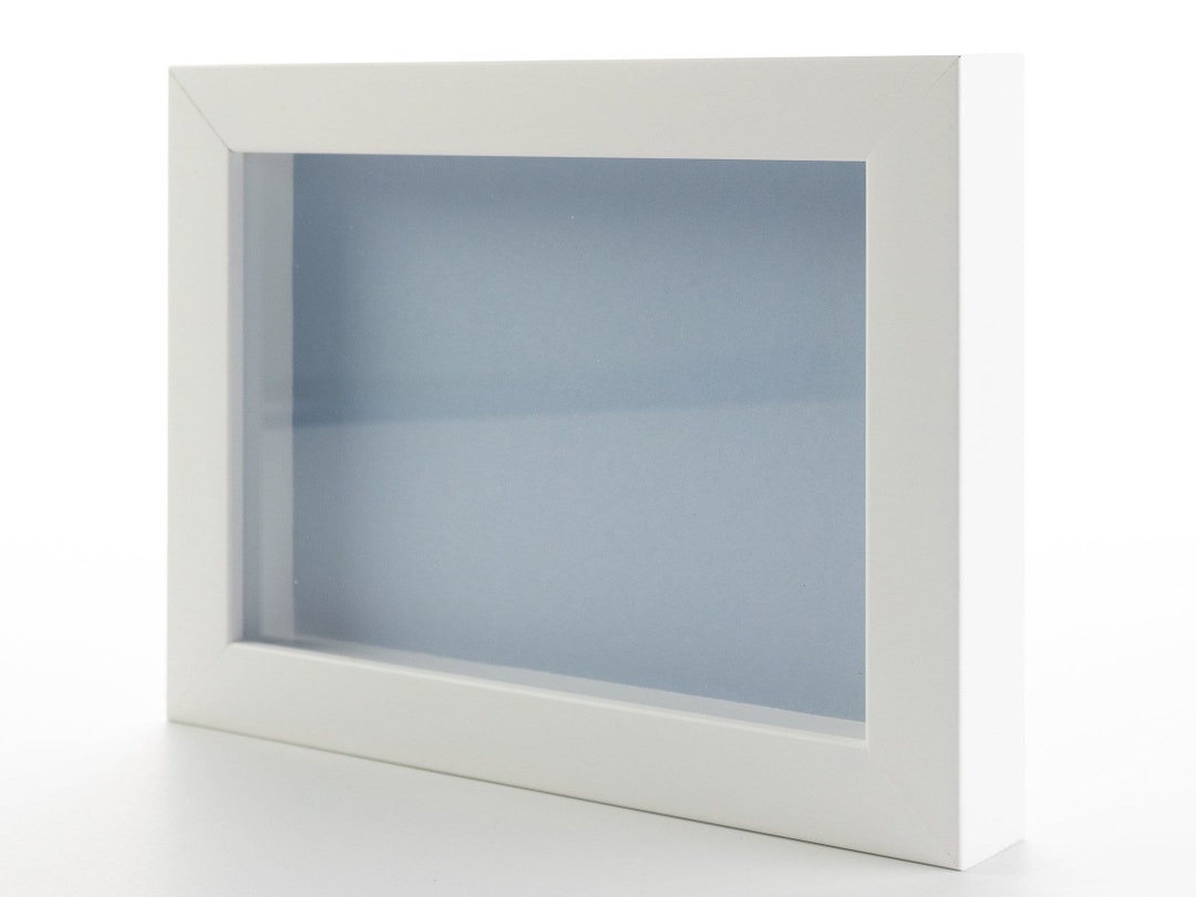 Shadow Box White Solid Wood 0.7 Deep Frame, Blue Backing, Acrylic Front