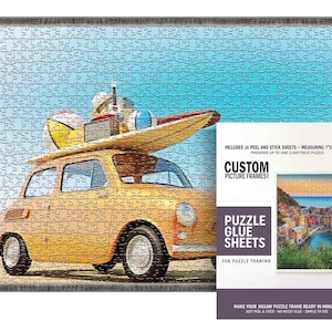 May include: A yellow vintage car with a surfboard on top, luggage, and beach accessories. The car is on a sandy beach with a blue sky in the background. The image includes a product description for peel and stick puzzle glue sheets, measuring 7" x 10" each, that can be used to frame up to a 2,000 piece puzzle.
