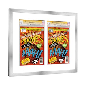 May include: A silver double picture frame with two comic book covers inside. The comic book covers are red, yellow, and blue with the text "The Incredible Custom Picture Frames" and "9.8".