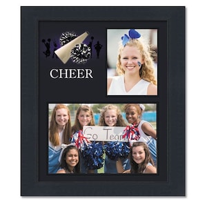 Energetic Cheer Theme Smooth Black Wood Frame & Cheer Decoration Graphic for Two Photos Measuring 3x5 + 7x5 Inches
