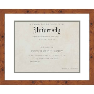 May include: A framed diploma with a beige background and gray border. The text reads "BE IT KNOWN THAT THE TRUSTEES OF THE University UPON NOMINATION OF THE FACULTY HAVE GRANTED TO THE DEGREE OF DOCTOR OF PHILOSOPHY IN RECOGNITION OF THE FULFILLMENT OF THE REQUIREMENTS OF THE DEGREE AWARDED AT PRESIDENT OF THE UNIVERSITY."