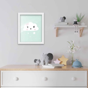 8x10 Framed Nursery Wall Art Sleepy Cloud Poster in White Wood Frame For Kid Bedroom or Playroom| Stars and Moon Nursery