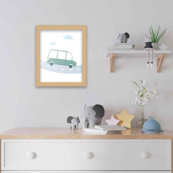 8x10 Framed Nursery Wall Art Green Van Poster in Natural Wood