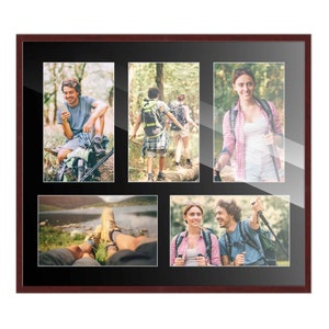 May include: A collage of five photos featuring people enjoying the outdoors. The photos show people hiking in a forest, sitting by a lake, and walking through a wooded area. The photos are arranged in a grid pattern and are framed in a dark wood frame.