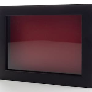 May include: A black shadow box frame with a red velvet mat. The frame has a clear glass front.