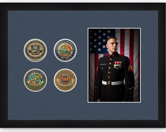 4 Challenge Coin Display Frame with 5x7 Photo - Military Coin Holder Shadow Box - Black, Gold, Bamboo or Bronze Wood