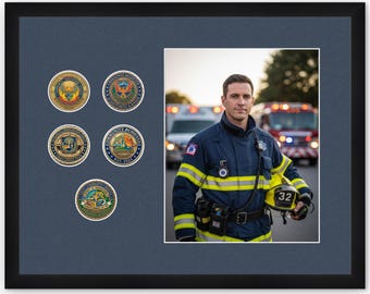 5 Challenge Coin Display Frame with 8x10 Photo - Military Coin Holder Shadow Box - Black, Gold, Bamboo or Bronze Wood