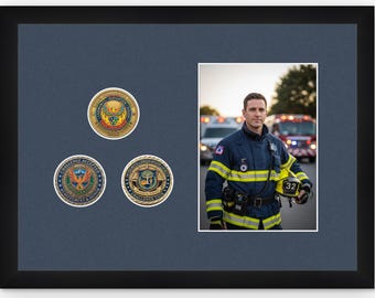 3 Challenge Coin Display Frame with 5x7 Photo - Military Coin Holder Shadow Box - Black, Gold, Bamboo or Bronze Wood