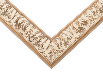 Picture Frame Moulding (Wood) 16ft bundle - Aurora Ornate Gold Leaf White Washed Finish - 1.375" width - 7/16" rabbet depth
