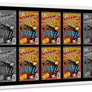May include: A white frame with nine comic book covers inside. The covers are all the same design, featuring a red, yellow, and black color scheme with the text "The Incredible Custom Picture Frames" and "AAAH!" in a bold font. The covers are arranged in a 3x3 grid.