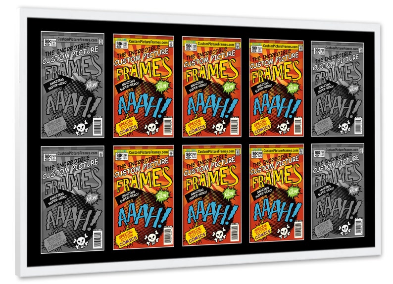 May include: A white frame with nine comic book covers inside. The covers are all the same design, featuring a red, yellow, and black color scheme with the text "The Incredible Custom Picture Frames" and "AAAH!" in a bold font. The covers are arranged in a 3x3 grid.