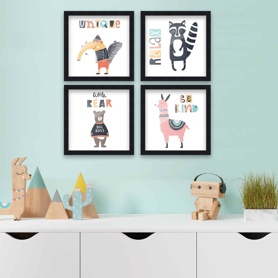 10x10 Framed Nursery Wall Art Set of 4 Be Kind Animal Prints in Black ...