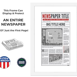 Matte White Finish Solid Wood Newspaper Frame with White Mat with UV-Resistant Acrylic Cover - Multiple sizes | Newspaper Not Included